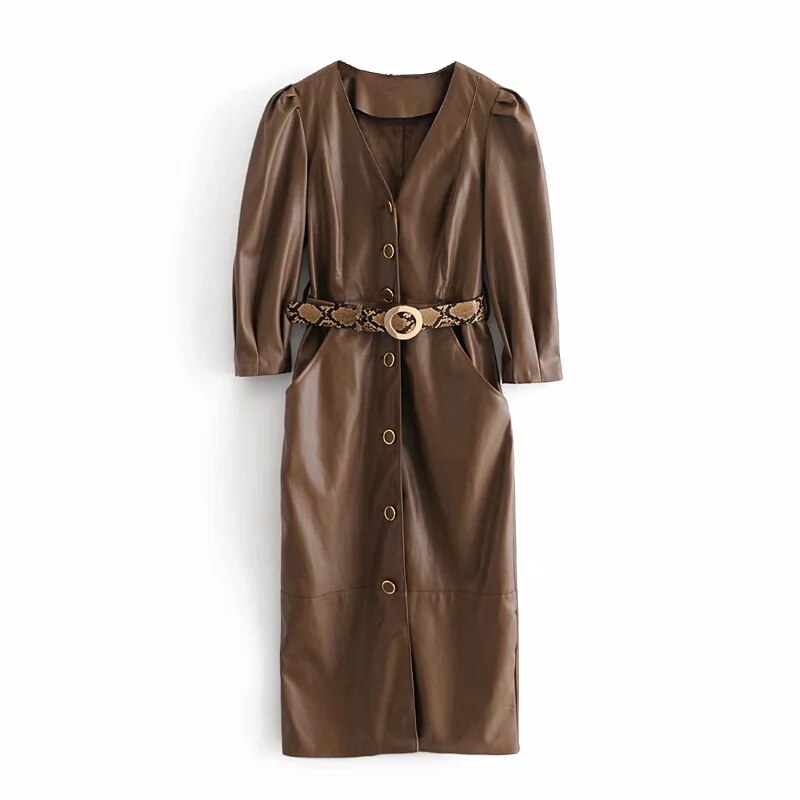 Aachoae-Streetwear-couleur-marron-robe-en-cuir-Pu-femmes-col-en-V-Chic-robe-Midi-avec