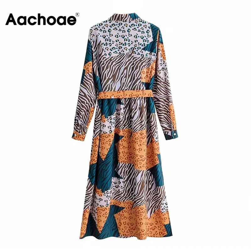 Aachoae-Streetwear-robe-l-opard-ourlet-fendu-Chic-robe-Midi-manches-longues-ceintures-dame-chemise-robe