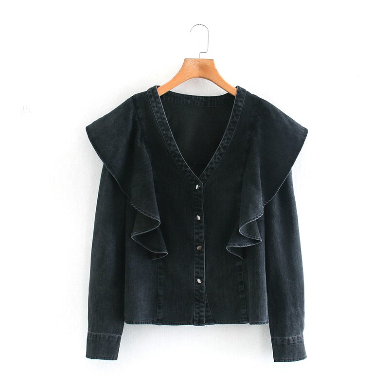 Vintage-col-en-V-Denim-Blouses-femmes-mode-cascade-volants-chemises-femmes-l-gant-manches-longues