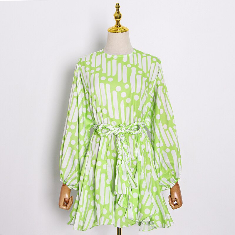 VGH-Print-Dress-For-Women-O-Neck-Lantern-Long-Sleeve-High-Waist-Tunic-Lace-Up-Hit