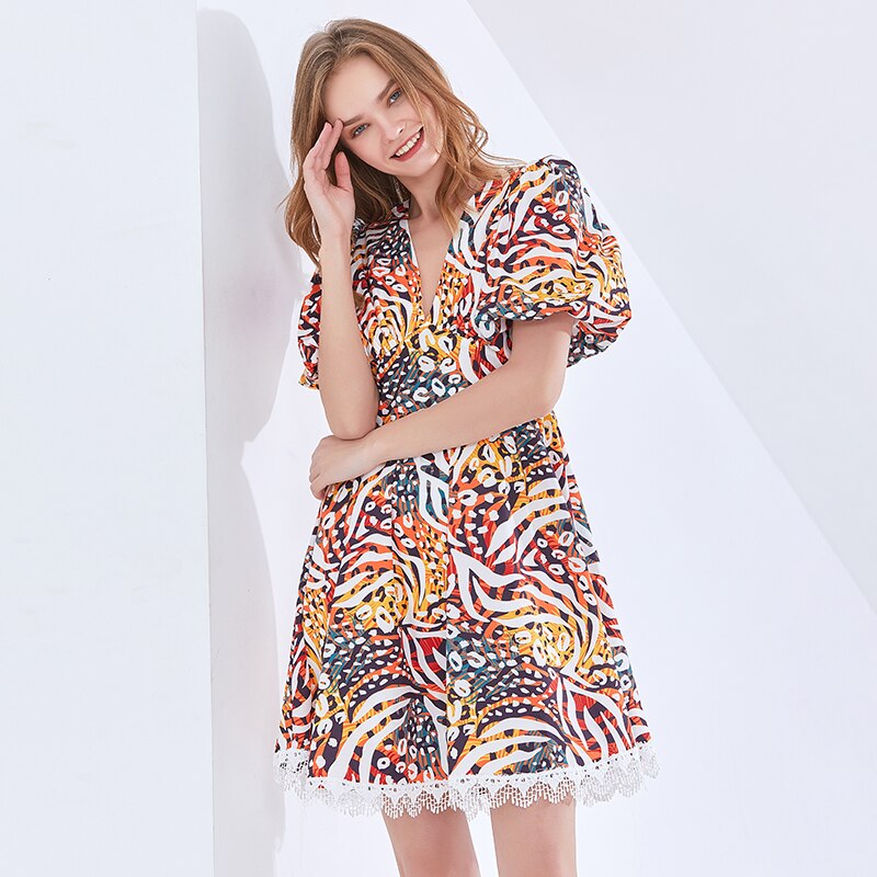 TWOTWINSTYLE-Hit-Color-Print-Dress-For-Women-V-Neck-Puff-Sleeve-High-Waist-Spring-Dresses-Female