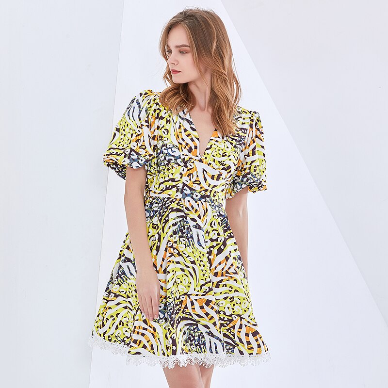 TWOTWINSTYLE-Hit-Color-Print-Dress-For-Women-V-Neck-Puff-Sleeve-High-Waist-Spring-Dresses-Female