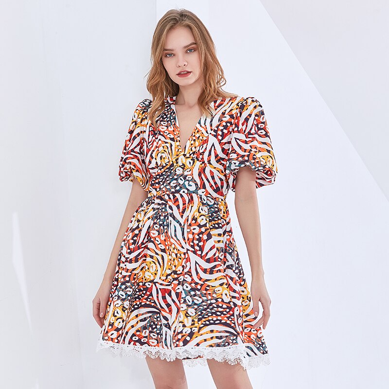 Robe Imprimée à Manches Bouffantes et Dentelle TYRE 3 Coloris