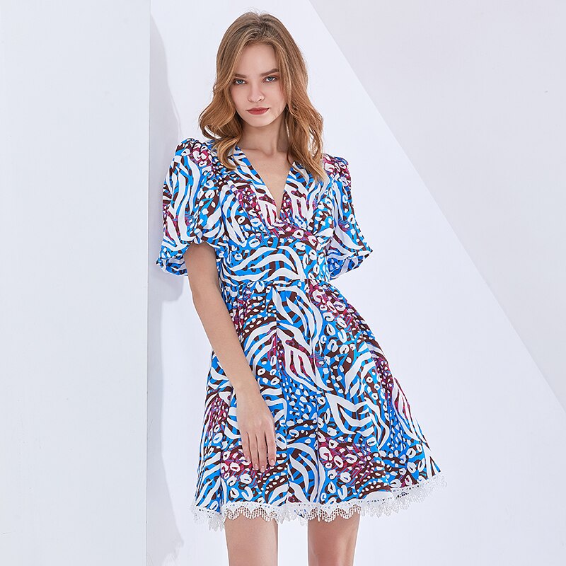 TWOTWINSTYLE-Bohemian-Print-Dress-For-Women-V-Neck-Puff-Sleeve-High-Waist-Hit-Color-Mini-Dresses