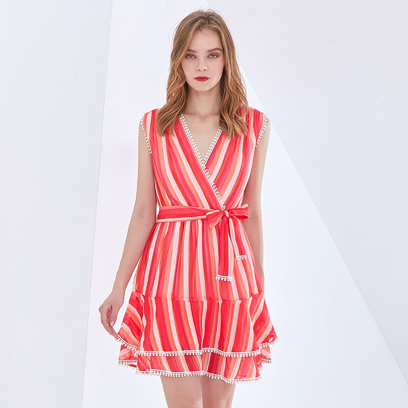 TWOTWINSTYLE-Striped-Red-Dress-For-Women-V-Neck-Sleeveless-High-Waist-Lace-Up-Bowknot-Midi-Summer
