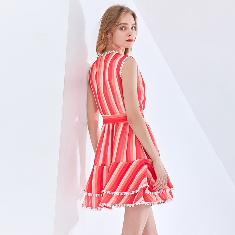 TWOTWINSTYLE-Striped-Red-Dress-For-Women-V-Neck-Sleeveless-High-Waist-Lace-Up-Bowknot-Midi-Summer