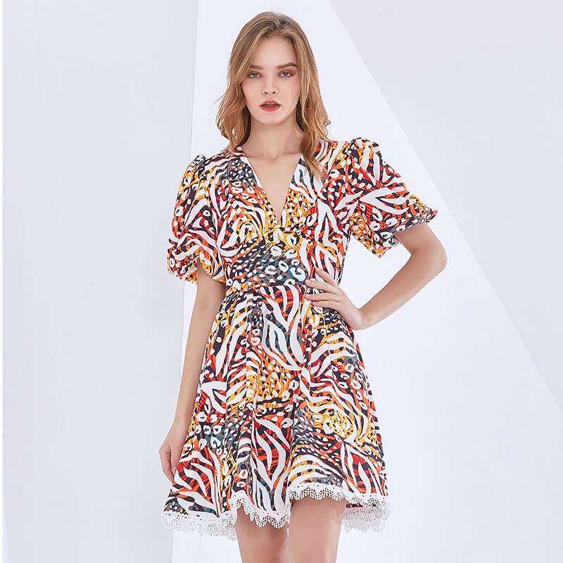 TWOTWINSTYLE-Bohemian-Print-Dress-For-Women-V-Neck-Puff-Sleeve-High-Waist-Hit-Color-Mini-Dresses
