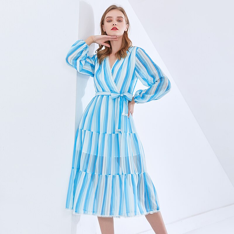 TWOTWINSTYLE-Striped-Elegant-Dress-For-Women-V-Neck-Long-Sleeve-High-Waist-Lace-Up-Bowknot-Midi