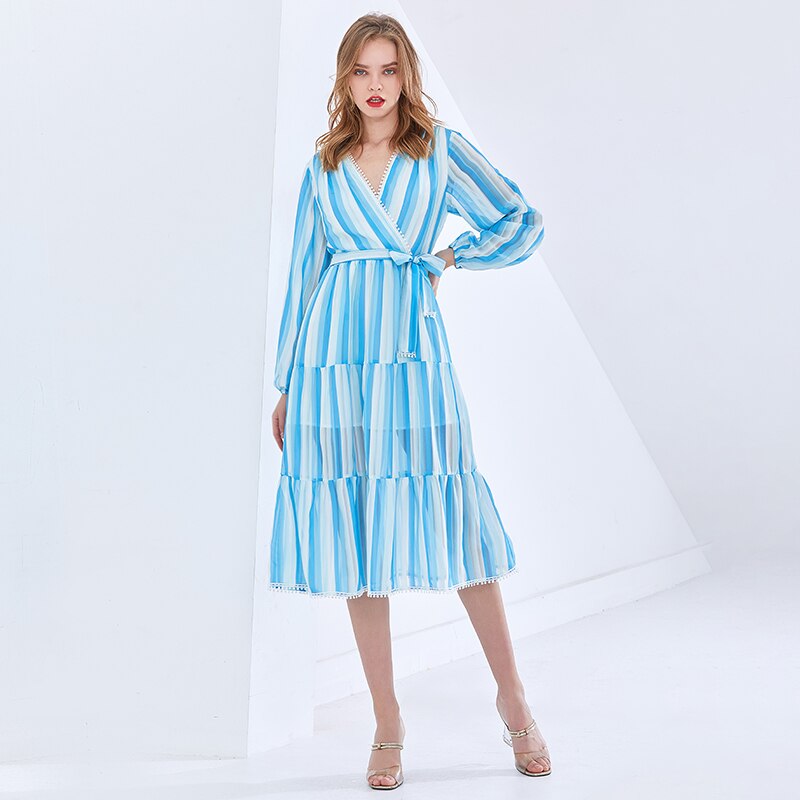 TWOTWINSTYLE-Striped-Elegant-Dress-For-Women-V-Neck-Long-Sleeve-High-Waist-Lace-Up-Bowknot-Midi
