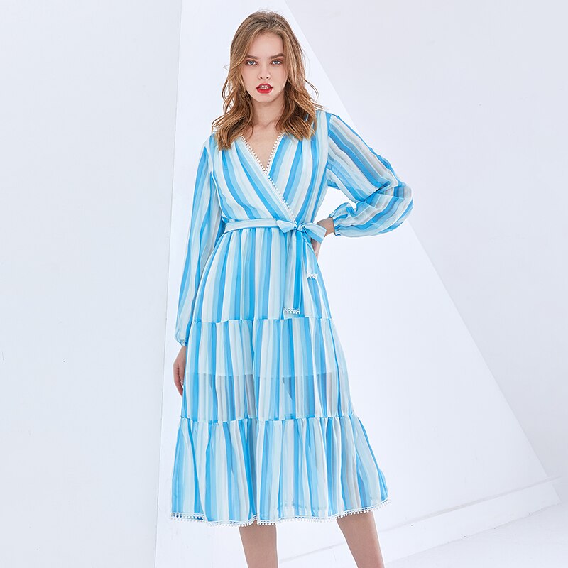 Robe Mi Longue Rayée Blanc Bleu Ceinturée BOSSA