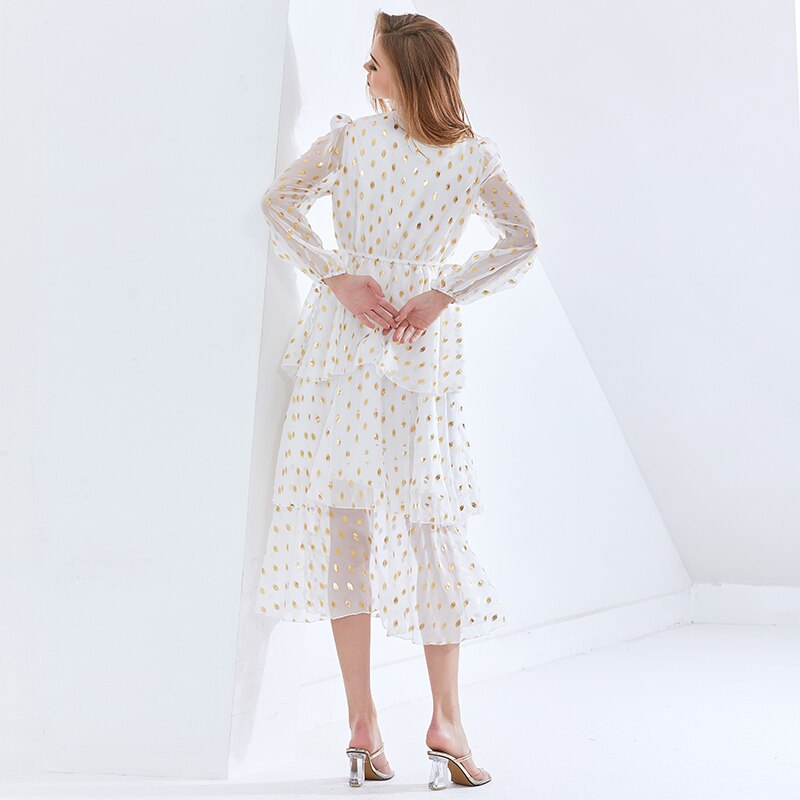 Deuxtwinstyle-Perspective-pois-femmes-robe-col-montant-lanterne-manches-taille-haute-Sequin-robes-l-gantes-femme