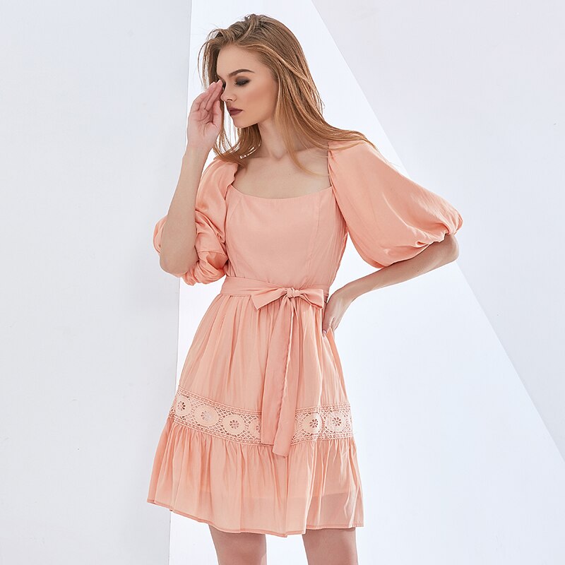 TWOTWINSTYLE-robe-n-ud-pour-femmes-l-gante-col-carr-manches-bouffantes-taille-haute-v-tements