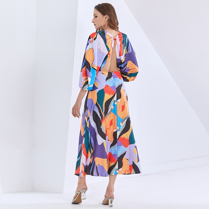 TWOTWINSTYLE-robe-pour-femmes-imprim-couleurs-ample-col-en-V-manches-longues-dos-fendue-taille-haute