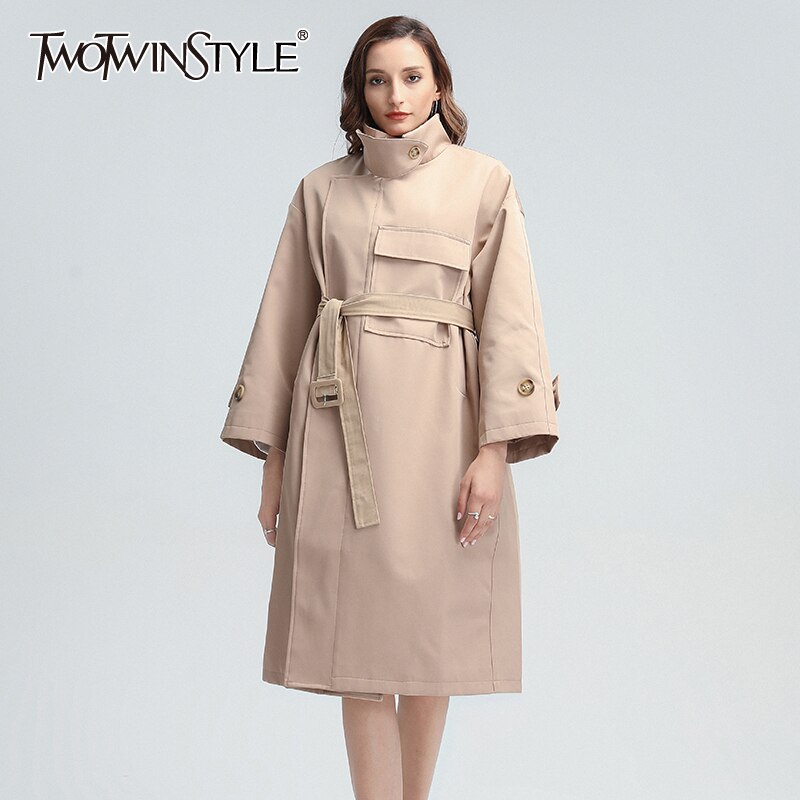 TWOTWINSTYLE-coupe-vent-col-roul-pour-femme-manches-longues-grande-taille-d-contract-l-gant-ceinture