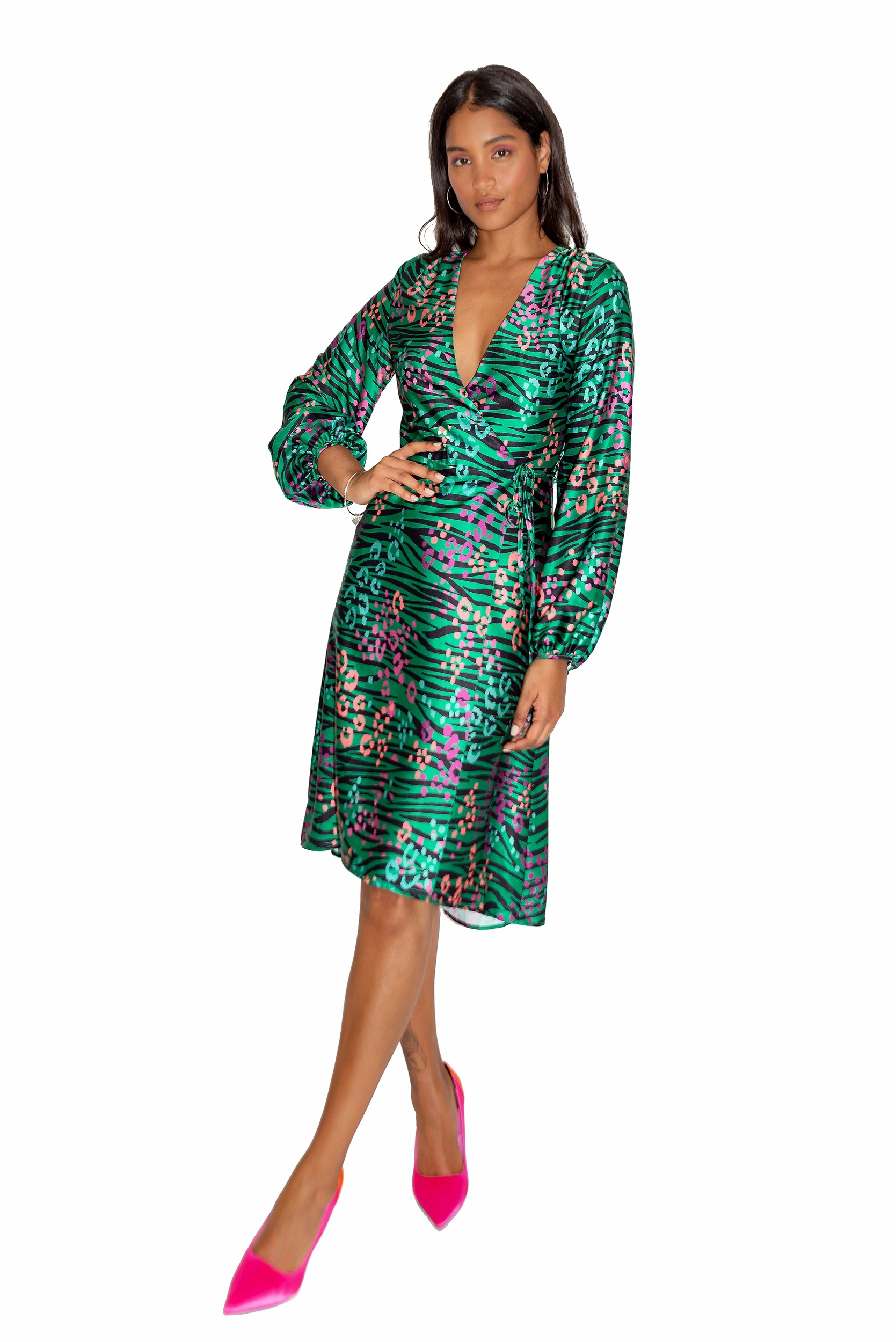 Robe Midi Portefeuille Verte Zèbre à Manches Ballons