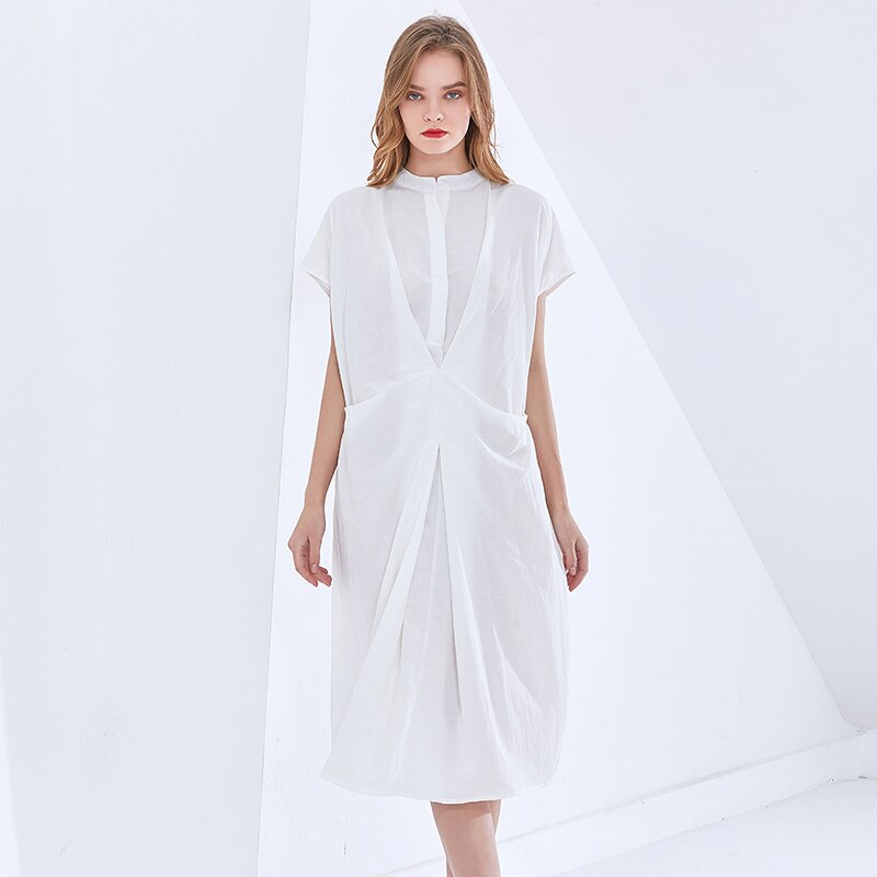 Deuxtwinstyle-surdimensionn-solide-robe-pour-femmes-col-montant-manches-courtes-d-contract-ample-Vintage-robes-femme