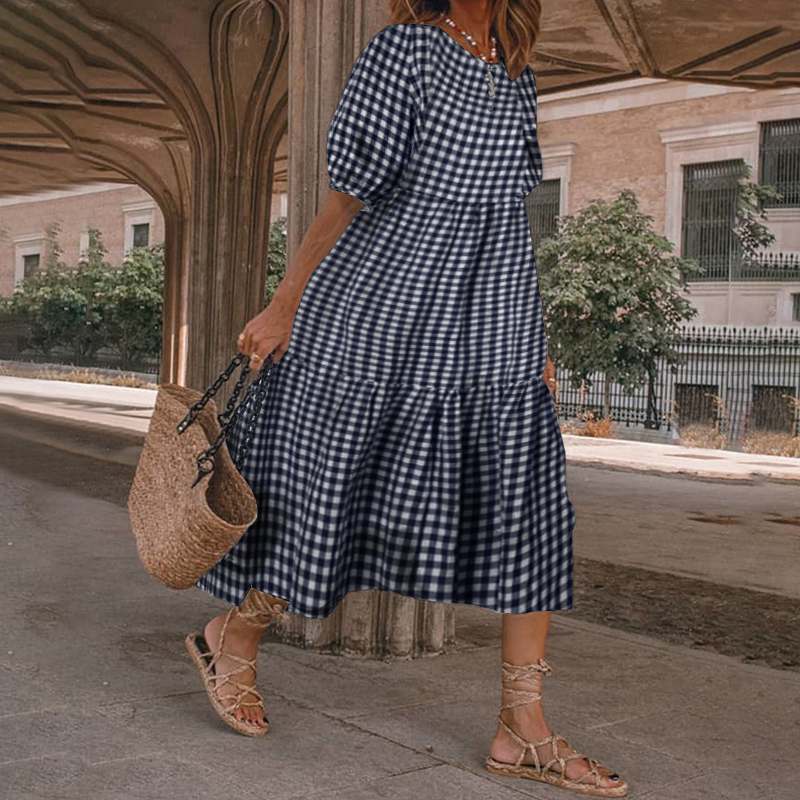 Summer-Dress-VONDA-2021-Women-Casual-Short-Sleeve-Plaid-Printed-Sundress-Loose-Pleated-Mid-Calf-Dresses