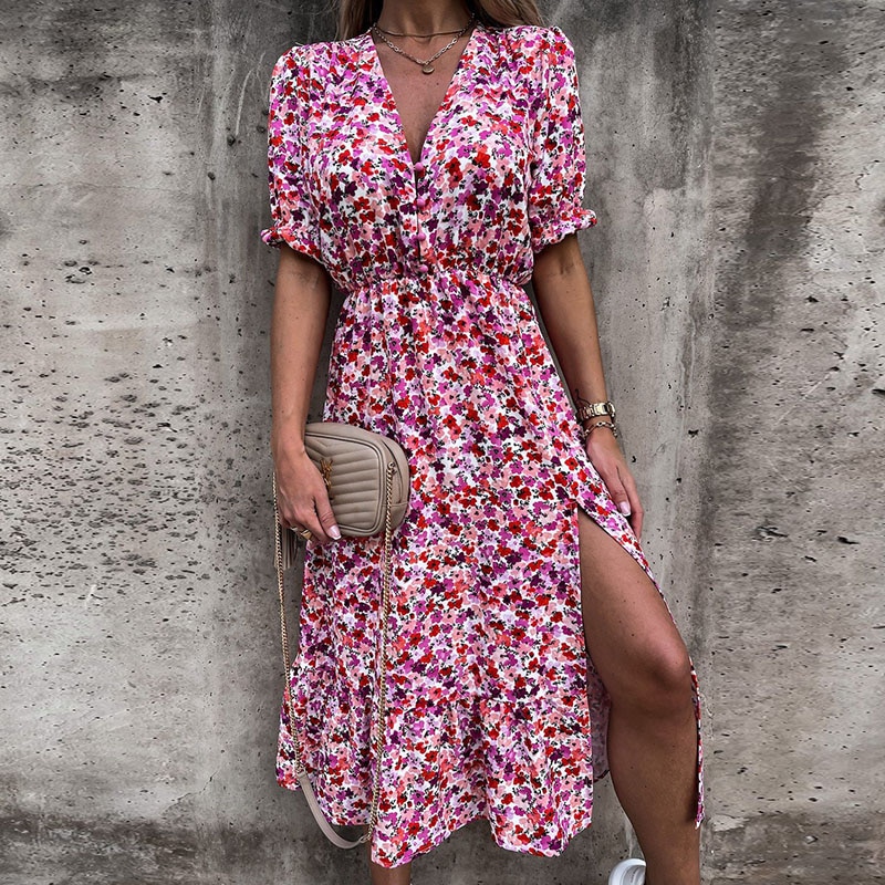 Robe-de-soir-e-imprim-Floral-pour-femmes-col-en-V-fente-lat-rale-manches-courtes