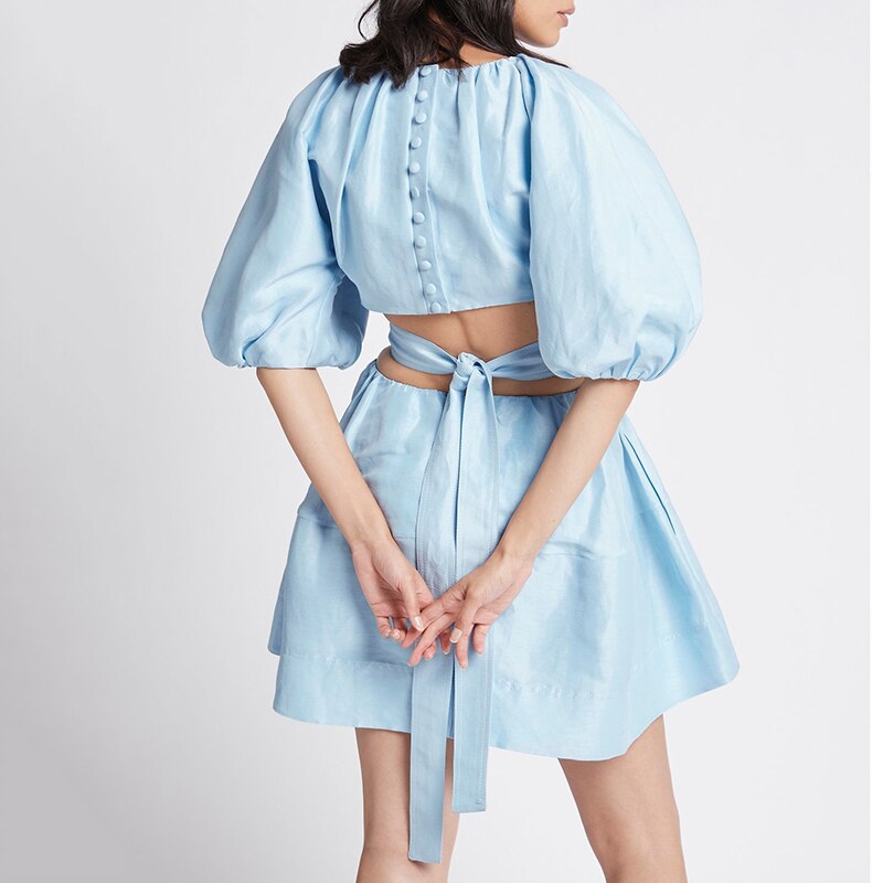 VGH-Bleu-D-contract-vider-Robe-Pour-Femmes-O-Cou-Bouff-e-Manches-Courtes-Taille-Haute