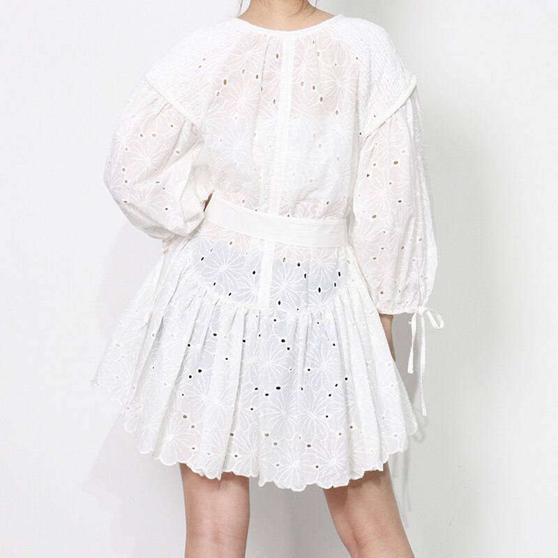 TWOTWINSTYLE-Lacets-Robe-L-che-Pour-Les-Femmes-O-COU-Manches-Longues-Taille-Haute-D-contract