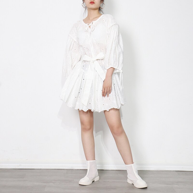 TWOTWINSTYLE-Lacets-Robe-L-che-Pour-Les-Femmes-O-COU-Manches-Longues-Taille-Haute-D-contract