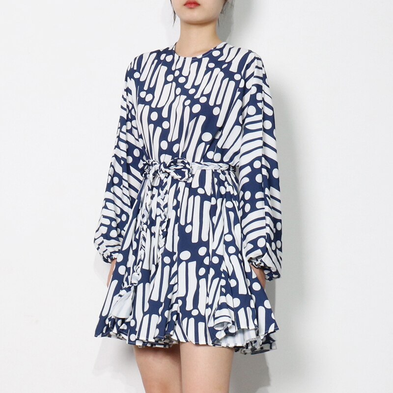 TWOTWINSTYLE-Imprimer-Lacets-Robe-de-Printemps-Pour-Femmes-O-COU-Manches-Longues-Taille-Haute-Mini-Imprim