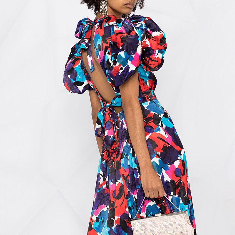 VGH-Vintage-Dos-Nu-Robe-Imprim-e-Pour-Femme-Col-Montant-Manches-Longues-Taille-Haute-Frapp