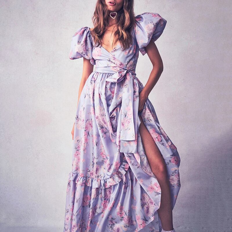 VGH-imprimer-robes-pour-femmes-col-en-V-bouff-e-manches-courtes-taille-haute-Patchwork-volants