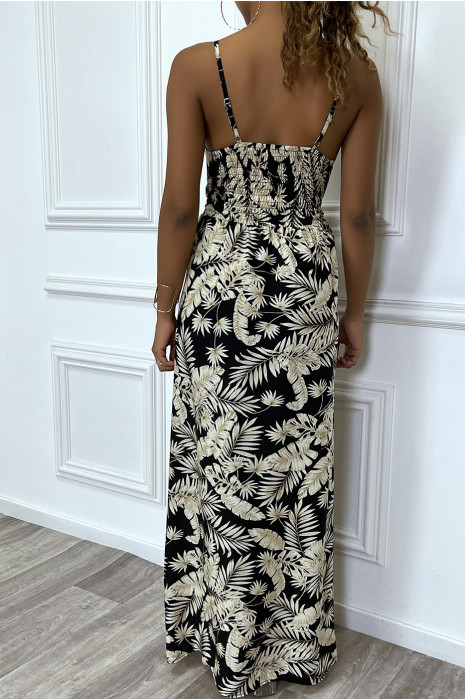 robe-noir-longue-cinturee-avec-motif-tropical-beige (4)