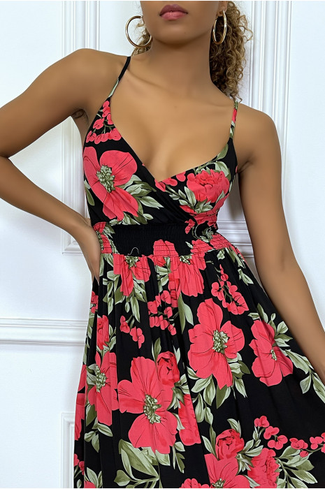 Robe Longue Noire Tropicale Fleurie Rose A Taille Haute Smockee Abril Robes Robes Longues Maxi Showroomtendance