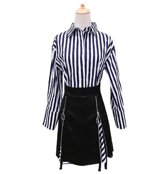 2018-Nouveau-Printemps-Automne-Femmes-Tournent-Vers-Le-Bas-Bande-T-shirt-robe-Zipper-Pu-Jupe