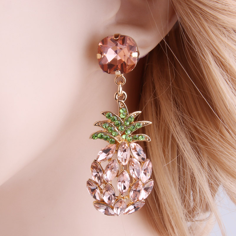 Boucles D'oreilles Pendantes Ananas - Feuilles Vertes Et Strass - Bohème - Pour Femmes Et Filles (env. 6,3cm)