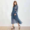 TWOTWINSTYLE-Bohemian-Style-Stand-Collar-A-Line-Women-s-Dress-Long-Sleeve-Print-Hollow-Out-Female