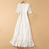 VGH-Elegant-White-Maxi-Dress-For-Women-V-Neck-Half-Sleeve-High-Waist-Hollow-Out-Slim
