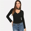 SHEIN-Black-Workwear-Elegant-Scallop-Trim-Solid-V-Neck-Long-Sleeve-Skinny-Tee-2018-New-Autumn