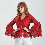 Deuxtwinstyle-mode-rouge-femmes-chemise-col-en-V-manches-longues-vas-es-vider-v-tements-Top