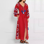 TWOTWINSTYLE-Embroidery-Dress-Female-V-Neck-Lantern-Sleeve-Print-Belt-Tassel-High-Waist-Split-Long-Holiday
