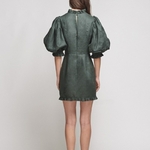 TWOTWINSTYLE-Vintage-Solid-Slim-Dress-Women-V-Neck-Puff-Sleeve-High-Waist-Button-Ruched-Ruffels-Mini