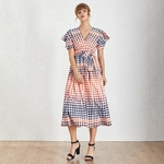 TWOTWINSTYLE-Casual-Hit-Color-Women-Dress-V-Neck-Puff-Sleeve-High-Waist-Lace-Up-Plaid-Long