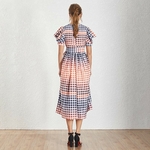 TWOTWINSTYLE-Casual-Hit-Color-Women-Dress-V-Neck-Puff-Sleeve-High-Waist-Lace-Up-Plaid-Long