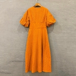 Deuxtwinstyle-t-Vintage-solide-femmes-robe-col-en-V-manches-bouffantes-taille-haute-bouton-vider-Midi