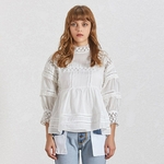 TWOTWINSTYLE-Summer-Hollow-Out-White-Shirt-For-Women-Stand-Collar-Lantern-Sleeve-Loose-Blouse-Female-Fashion