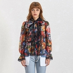 TWOTWINSTYLE-Casual-Print-Women-Blouse-Bowknot-Collar-Flare-Sleeve-Hit-Color-Loose-Shirt-Female-Summer-2019