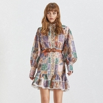 TWOTWINSTYLE-2019-Print-Dress-Women-Vintage-Stand-Collar-Long-Lantern-Sleeve-Sashes-Slim-Summer-Mini-Dresses