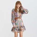 TWOTWINSTYLE-2019-Print-Dress-Women-Vintage-Stand-Collar-Long-Lantern-Sleeve-Sashes-Slim-Summer-Mini-Dresses