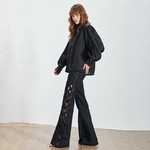 TWOTWINSTYLE-Hollow-Out-Patchwork-Women-Suit-Lantern-Sleeve-Perspective-Shirt-High-Waist-Wide-Leg-Pants-Two