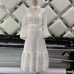 TWOTWINSTYLE-Elegant-Solid-Women-Dress-Stand-Collar-Lantern-Sleeve-High-Waist-Ruffles-Hollow-Out-Midi-Dresses