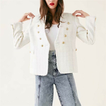 Femmes-doux-V-Cou-tweed-blanc-blazer-Double-boutonnage-poches-gland-ourlet-femelle-l-che-veste