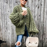 Chic-Autumn-Hand-Knit-Sweater-Coarse-Wool-V-Neck-Lazy-Rough-Wool-Lantern-Sleeved-Cardigan-Batwing