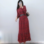 Femmes-l-opard-imprim-longue-robe-O-cou-manches-longues-taille-haute-une-ligne-l-gante